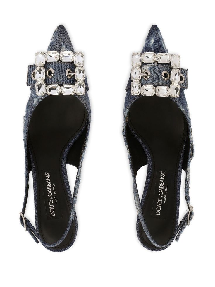 pointed-toe pumps from DOLCE & GABBANA featuring blue, leather, denim, distressed effect, silver-tone logo plaque, buckle detail at the toe, crystal embellishment, pointed toe, buckle-fastening ankle strap, branded insole and stiletto heel. This item is in size 36½ and the color is Blue Luxury Chic Denim Heels, Dolce And Gabbana High Heels, Dolce Gabbana Sandals Heels, Dolce Gabbana Heels, Dolce And Gabbana Denim Heels, Patchwork Denim, Nylon Tote Bags, Blue Pumps, Leather Denim