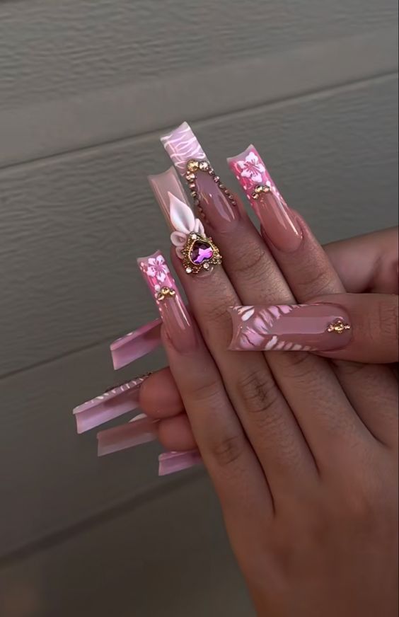 #follow #nailart #nails #nailsofinstagram #acrylicnails #longnails #beautyblog #blogging #blogger #blog Pink Nails Inspo Long, Buchifresa Nails, Latina Nail Designs Pink, Pink Bling Acrylic Nails, Glam Birthday Nails, Freestyle Acrylic Nails, Pink Nail Sets, Beach Nails Art, Pink Christmas Nails