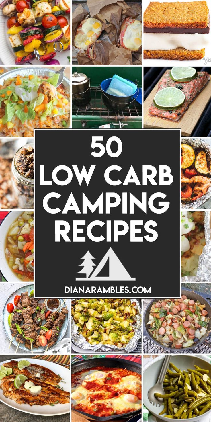 the cover of 50 low carb camping recipes with pictures of different foods and vegetables