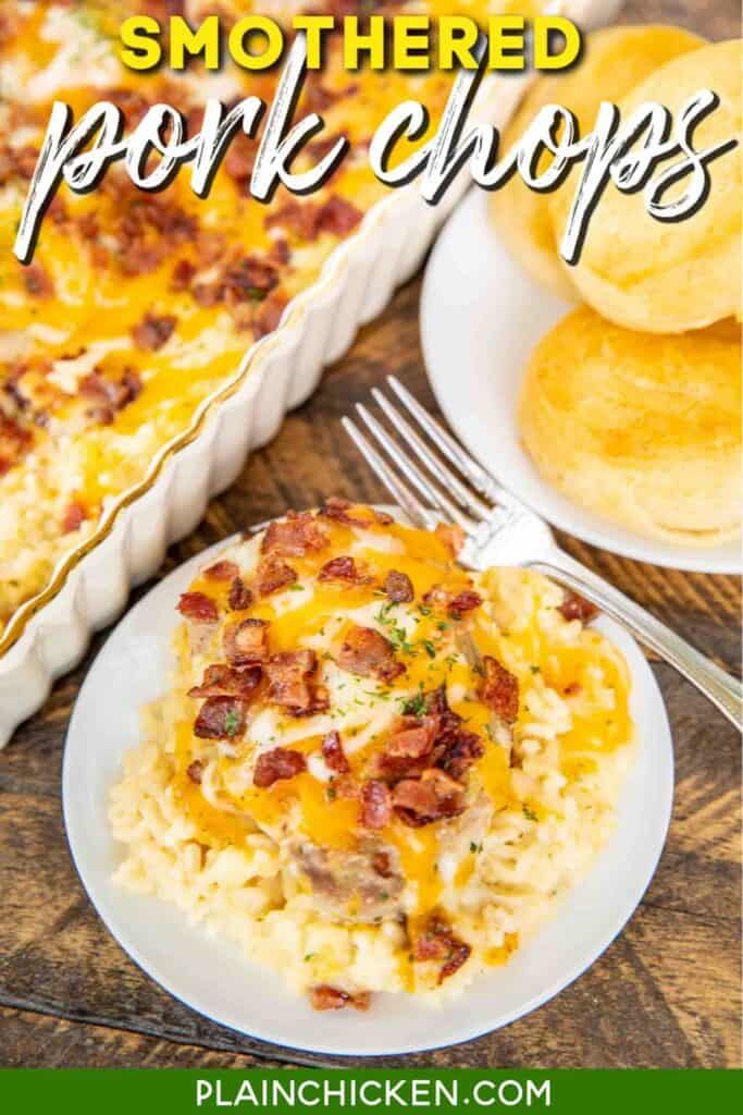 a casserole dish with bacon and cheese on it, next to some bread