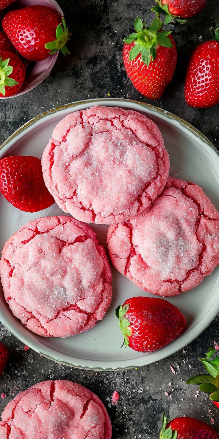 strawberry shortbread cookies with powdered sugar and fresh strawberries on the side, ready to be eaten