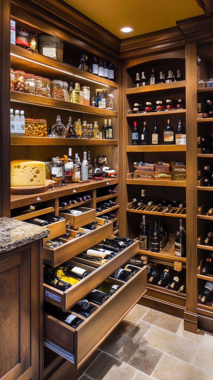 a wine cellar filled with lots of bottles and shelves full of wines, cheeses, and other condiments