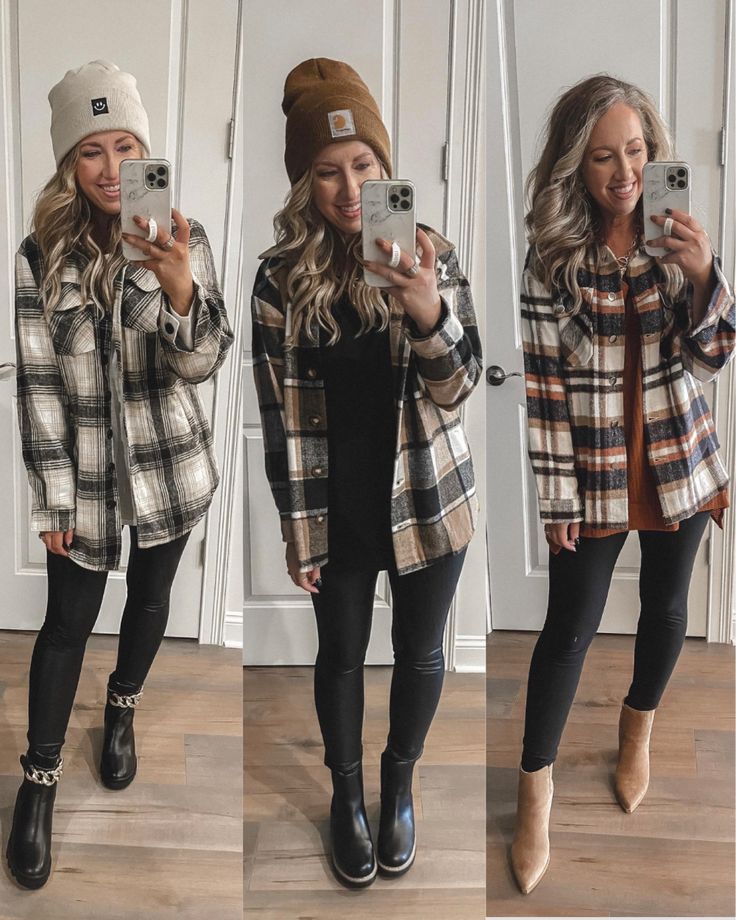 Layered Plaid Outfits, Hooded Plaid Shirt Outfit, Woman��’s Flannel Outfit, Flannel Jackets For Women, Oversized Flannel With Leggings, Layer Flannel Outfit, Plaid Jacket Womens Outfit, Plaid Women Outfit, Black Plaid Flannel Outfit