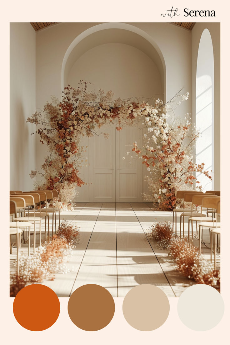 the interior of a church with rows of chairs and an arch decorated with flowers on each side