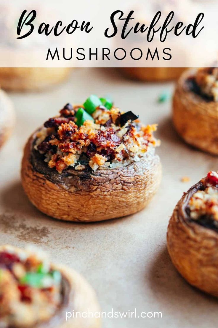 bacon stuffed mushrooms on a baking sheet with text overlay that reads bacon stuffed mushrooms