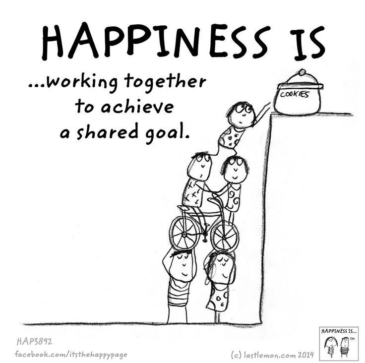 a cartoon drawing of two people climbing up a wall with the words happiness is working together to achieve a shared goal