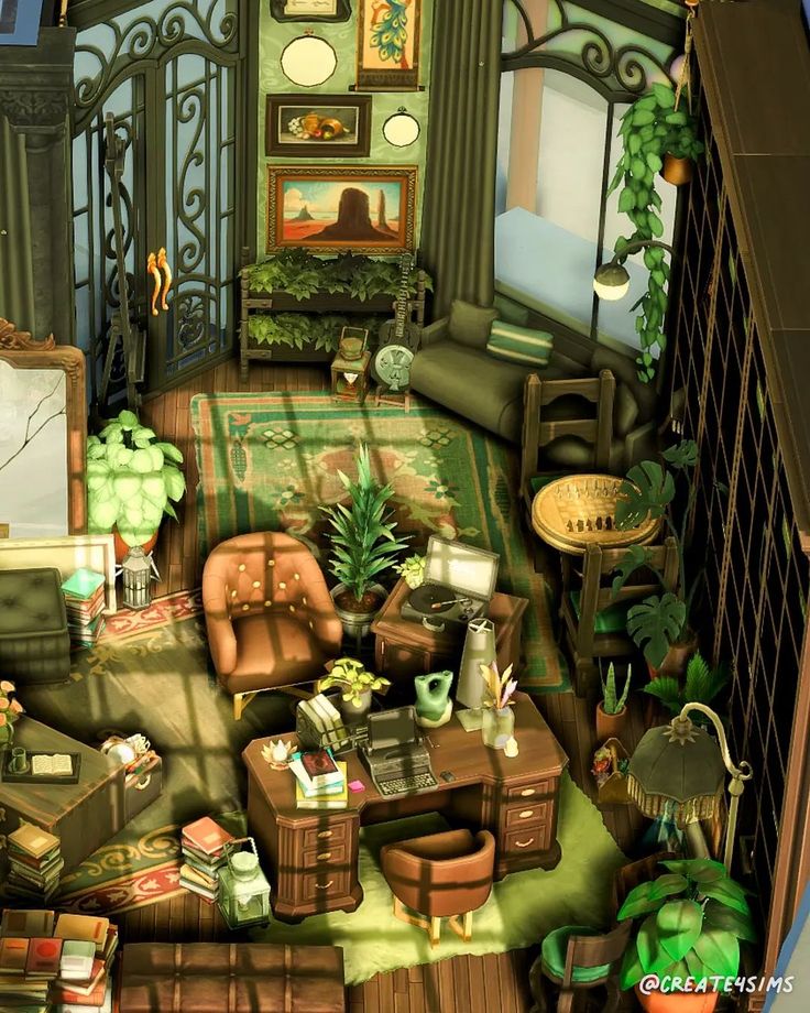 a living room filled with furniture and lots of green plants on top of the floor