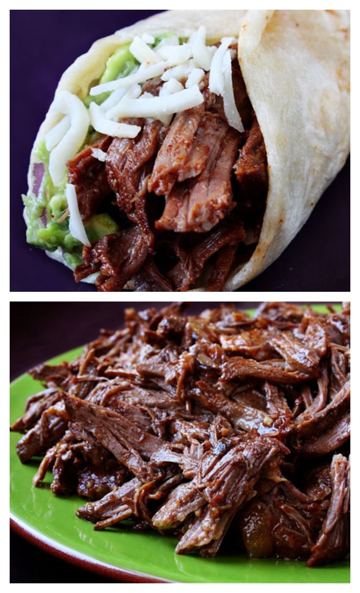 there are two different pictures of food on the same plate, one is pulled up and the other has shredded meat in it