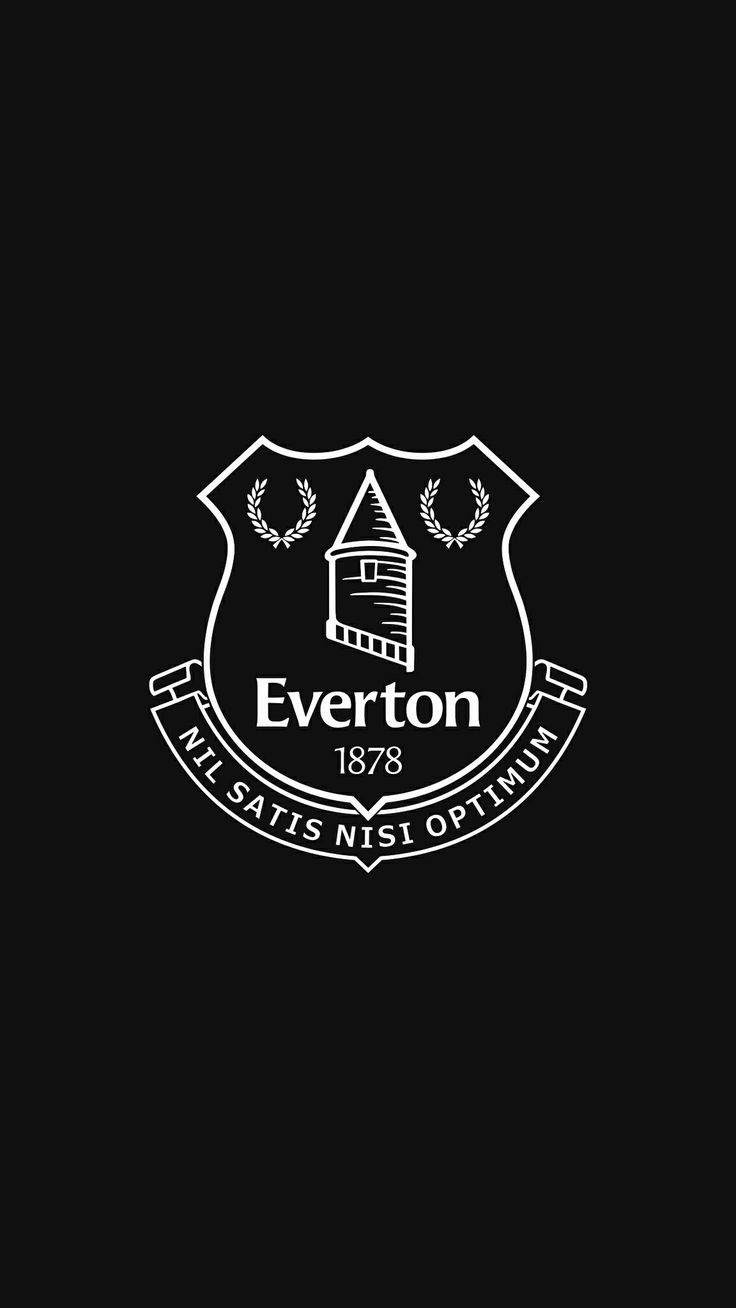 the everton logo is shown on a black background with white lettering and a house