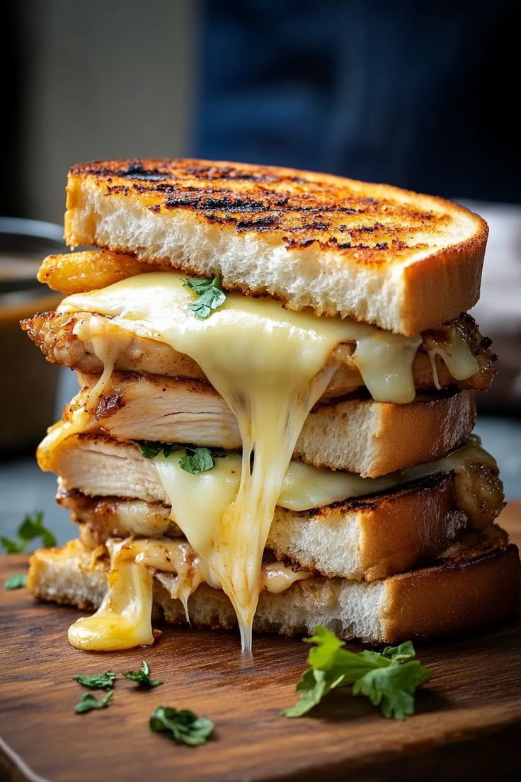 a grilled cheese sandwich on a wooden cutting board with parsley and melted cheese