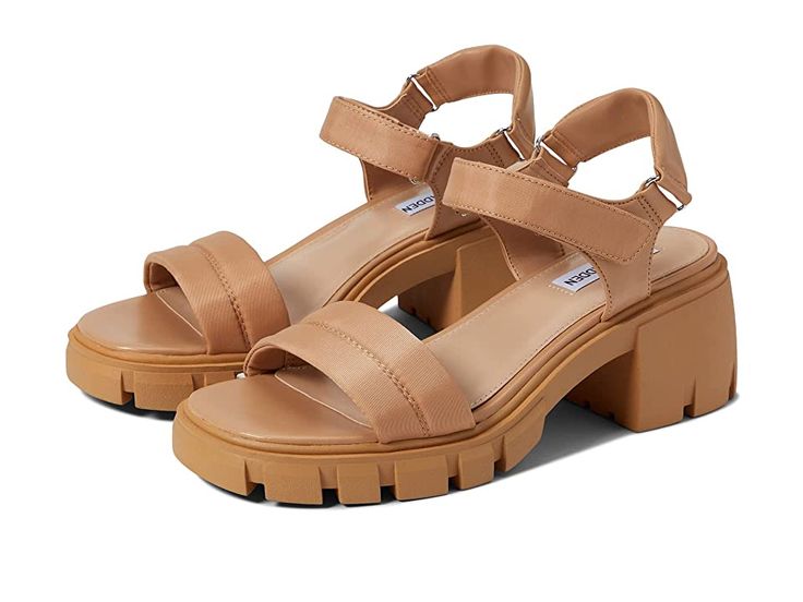 Steve Madden Louella Sandal - Women's Shoes : Tan : Keep it simple and stylish wearing the Steve Madden Louella Sandals. This pair keeps your feet comfy. Textile and synthetic upper. Synthetic lining and insole. Adjustable ankle strap with hook-and-loop closure. Signature brand detailing on the insole. Slip-on style. Platform heel. Textile and synthetic outsole. Imported. Measurements: Heel Height: 2 1/2 in; Weight: 15 oz; Platform Height: 11/13 in. Measurements: Heel Height: 2 1 2 in Weight: 15 Trendy Sandals With Adjustable Heel Strap, Trendy Adjustable Sandals With Heel Strap, Trendy Sandals With Double Straps And Heel Loop, Comfortable Block Heel Synthetic Sandals, Trendy Slingback Sandals With Ankle Strap, Comfortable Synthetic Sandals With Block Heel, Casual Block Heel Slingback Sandals With Adjustable Strap, Casual Slingback Sandals With Block Heel And Adjustable Strap, Sandals With Adjustable Strap And Round Toe