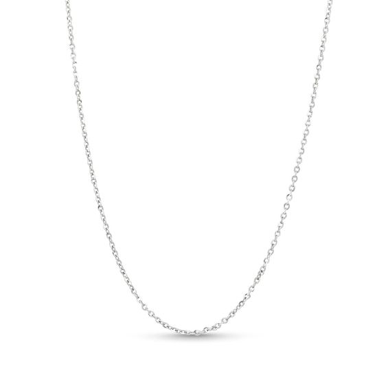 This solid-link cable chain necklace looks great on its own or with your favorite charm (sold separately). 14K white gold Diamond-cut for added sparkle 1.2mm width 18-inch necklace; lobster claw clasp White Gold Sterling Silver Rolo Chain Necklace, White Gold Sterling Silver Cable Chain Necklace, Classic Sterling Silver Charm Necklace With Cable Chain, Classic Sterling Silver Necklace With Rolo Chain, Minimalist Charm Necklace With Cable Chain, Classic White Gold Necklace With Rolo Chain, White Gold Charm Necklace With Cable Chain For Gift, White Gold Minimalist Cable Chain Necklace, Classic White Gold Necklace With Cable Chain