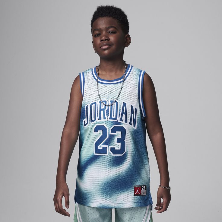 This jersey is inspired by the professional jersey Michael Jordan wore during his storied basketball career. It's made of breathable knit mesh fabric in a regular fit that is just as comfortable to wear for hitting the court or pairing with your favorite pair of jeans for a cool, streetwear look. Industrial Blue, Cool Streetwear, Printed Jersey, Knit Mesh, Kids Prints, The Court, Michael Jordan, The Professional, Mesh Fabric