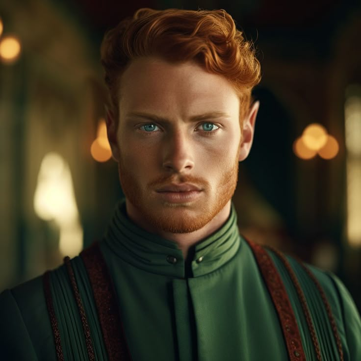 a man with red hair and blue eyes is wearing green clothing, looking at the camera