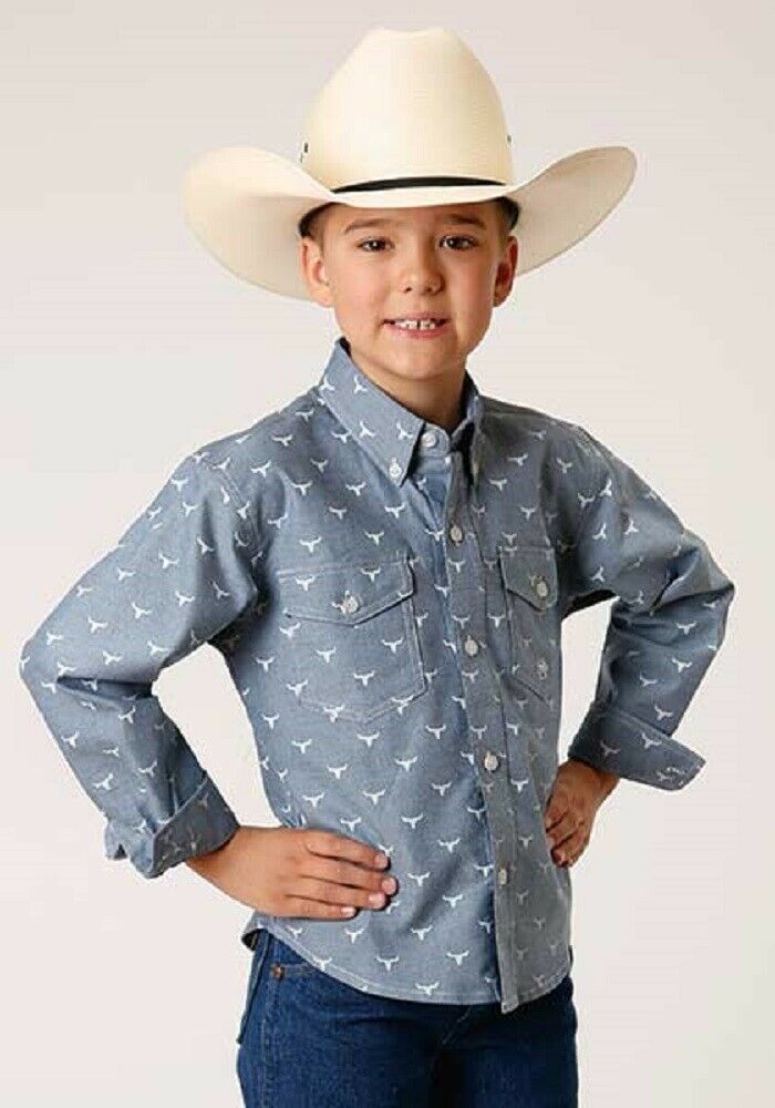 For (1) Roper Boy's Long Sleeve Long Horn Oxford Western Shirt.  Available in five Boy's Sizes...Size XS, Small, Medium, Large, or XL. Details: * Boy's Long Sleeve Western Shirt  * Stretch Oxford  * Button Front  * Button Down Collar  * 1 Point Back Yoke W/Pleat & Locker Loop  * 2 One Point Pockets & Flaps  * Roper "R" Embroidery Please check out my store as I am always getting exciting new products in!  If you don't see what you're looking for, ju Western Long Sleeve Shirt For Spring, Spring Western Long Sleeve Shirt, Western Style Cotton Shirt For Spring, Fitted Long Sleeve Cotton Shirt, Long Sleeve Shirt With Pockets For Rodeo, Western Long Sleeve Shirt For Summer, Long Sleeve Cotton Shirt With Button Closure, Western Long Sleeve Top With Button Closure, Summer Long Sleeve Tops For Rodeo