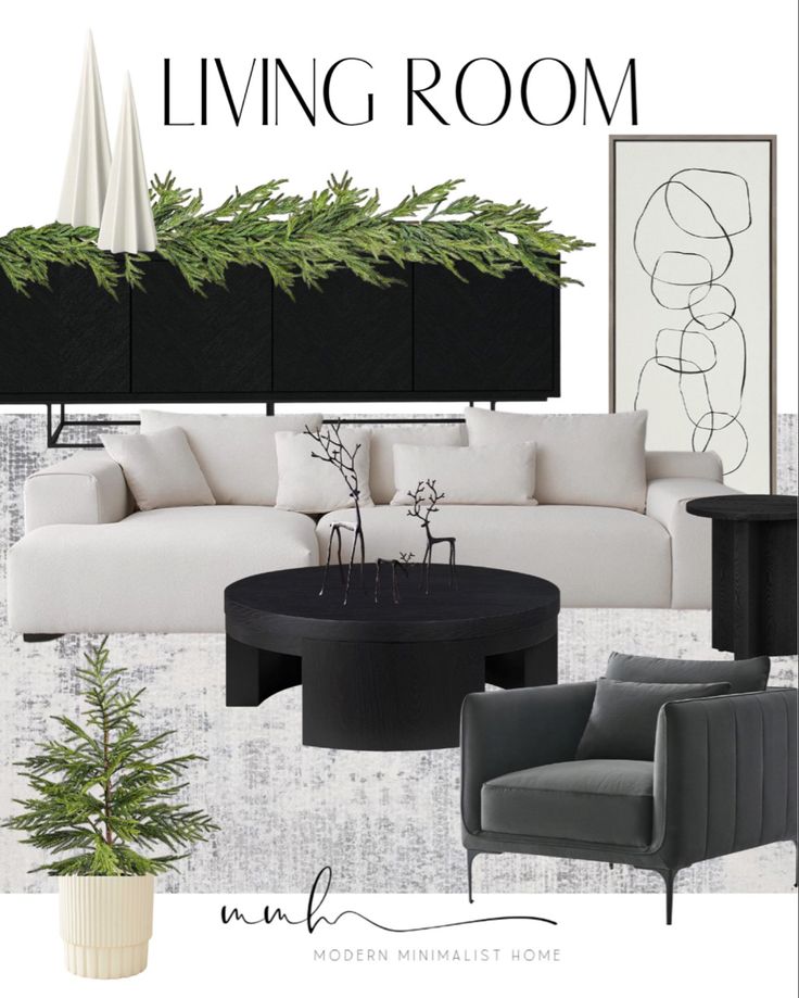 the living room is decorated in black, white and grey colors with green accents on it