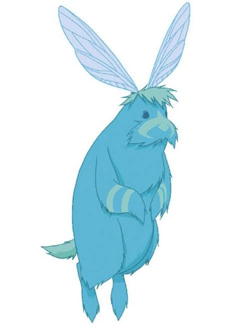 a blue cartoon character with wings on his head and legs, standing in the air