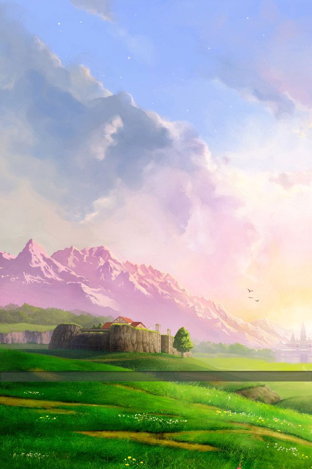 a painting of a castle in the middle of a field with mountains in the background