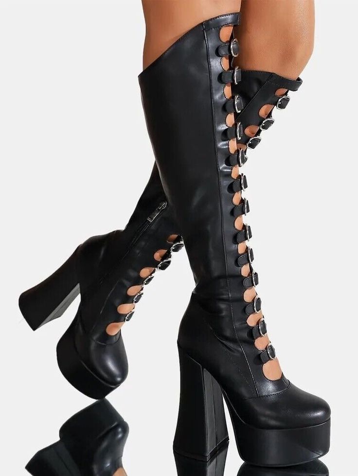 PLATFORM BUCKLE BOOTS KNEE HIGH STRAPPY KIKI GOTH PUNK MARC BLOCK EXTREME LOLITA | eBay Over The Knee Boots Platform, Goth Lolitas, Goth Heels, Emo Shoes, 70s Boots, Big Boots, Women Knee High Boots, Fashion Makeover, Gothic Chic