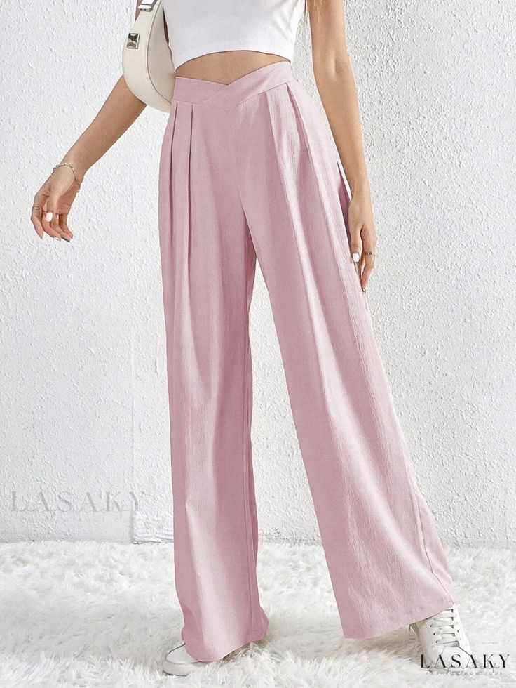 Lasaky - High-Waisted Wide-Leg Casual Trousers with Pleated Design and Crossed Waistband Commuter Style, Solid Color Pants, Leisure Fashion, Casual Wide Leg Pants, Loose Trousers, Weave Style, Pantalon Large, Fashion Seasons, Casual Trousers