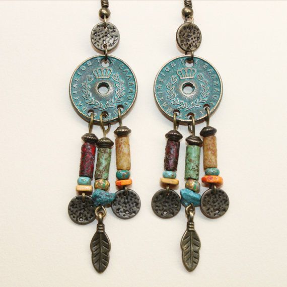 Boho Earrings Bohemian Earrings Boho jewelry Bohemian Jewelry Chandelier Earrings Gypsy Ethnic Earrings Turquoise Brass Gift for women Color : Glass Beads matte tubes Imported from Czech Republic Finish of the main pieces : Turquoise Blue Green coins (18X18X2mm ), antiqued brass leaves Patina Jewelry, Butter Shrimp, Dangle Earrings Boho, Turquoise Earrings Dangle, Turquoise Boho, Earrings Turquoise, Earrings Bohemian, Ethnic Earrings, Bohemian Earrings