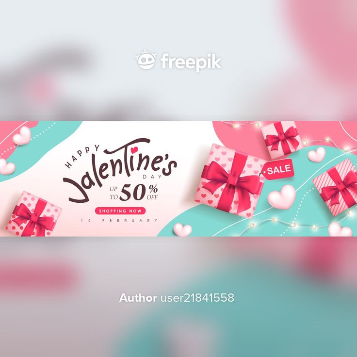 a valentine's day sale banner with pink and blue gift boxes on the left side