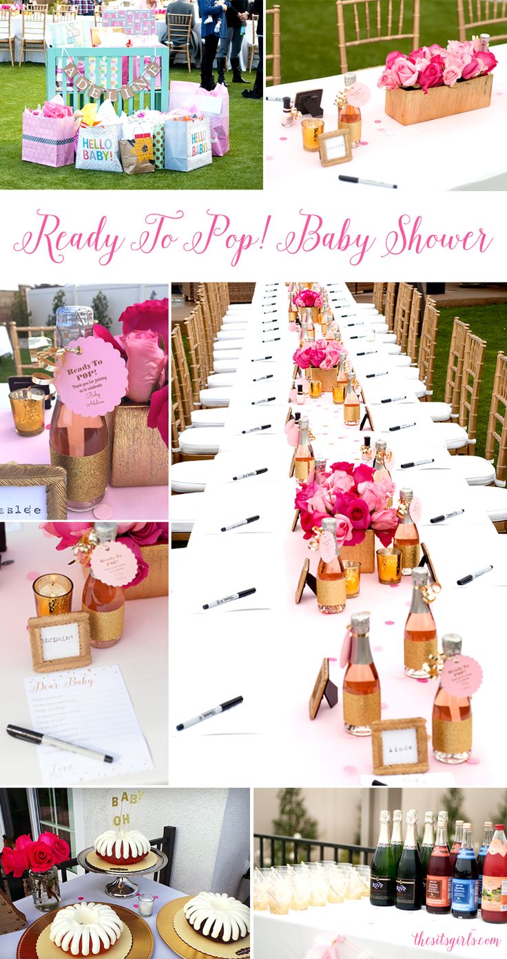 a collage of photos with baby shower items and decorations on the tables at a baby shower