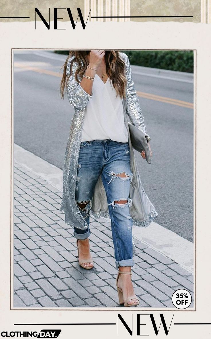 Sequin Collarless Belted Long Duster Coat Vetement Hippie Chic, Sequin Duster, Looks Jeans, Moda Jeans, Summer Work Outfits, Elegante Casual, Mode Inspiration, Outfits Casuales, Ripped Jeans