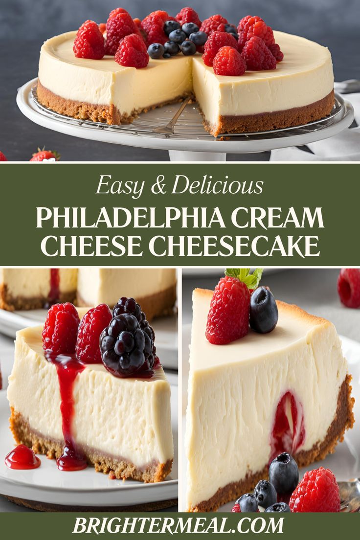 cheesecake with fresh berries on top and the words, easy & delicious philadelphia cream cheesecake