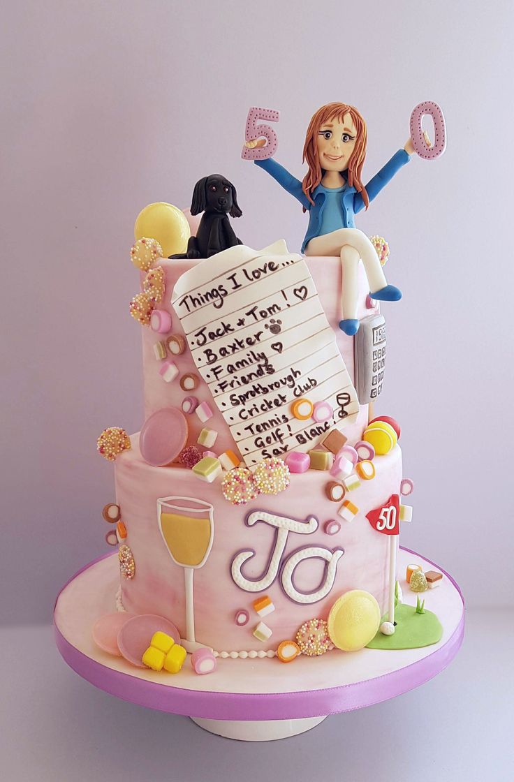 a pink cake with a woman sitting on top of it and writing on the side