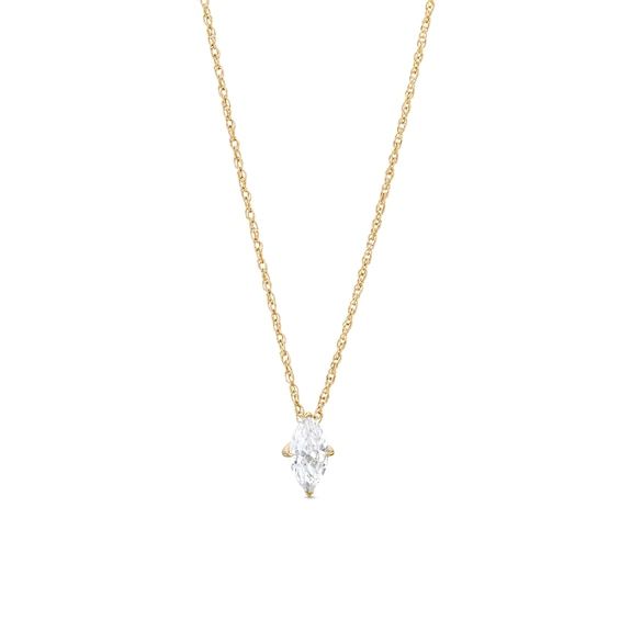 Perfect your everyday look with the regal sparkle of this marquise-cut diamond solitaire pendant in 14K gold. Fashioned in 14K gold The 1/2 ct. marquise-cut diamond solitaire sparkles in a classic four-prong setting. This pendant suspends along an 18.0-inch rope chain that secures with a spring-ring clasp. Marquise Diamond Necklace For Anniversary, Marquise Brilliant Cut Diamond Necklace, Classic Marquise Single Diamond Necklace, Elegant Marquise Diamond Necklace With Single Diamond, Formal Marquise Diamond Cut Solitaire Necklace, Elegant Gold Marquise Solitaire Necklace, Classic Marquise Cut Diamond White Necklace, Classic Marquise Solitaire Necklace In Diamond White, Classic Marquise Solitaire Necklace With Diamond Accents