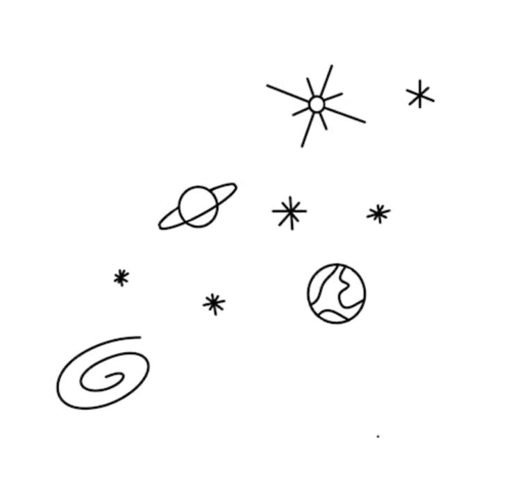 the planets and stars are drawn in black ink on white paper, as well as an outline