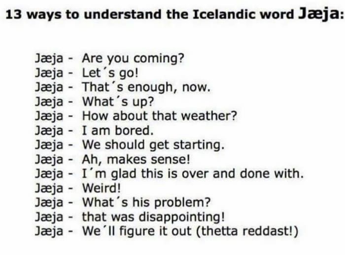 the words are written in black and white on a piece of paper that says, 13 ways to understand the iceland word jaja