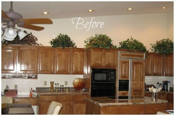 before and after pictures of a kitchen remodel with wood cabinets, stainless steel appliances and ceiling fan