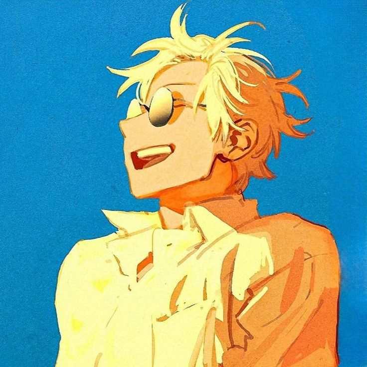 a man with blonde hair and glasses standing in front of a blue sky