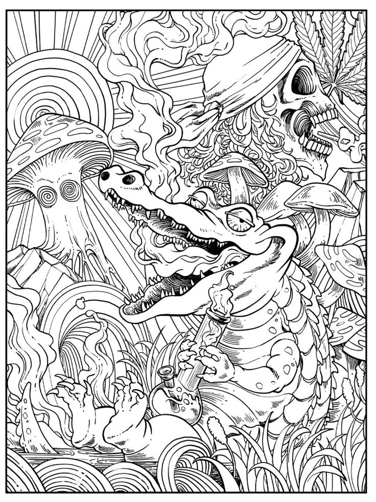 an adult coloring book with two alligators in the water and one is eating something