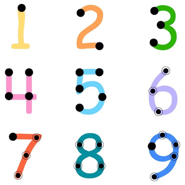 the numbers are colored and have black dots on each one's face, as well as two circles with holes in them