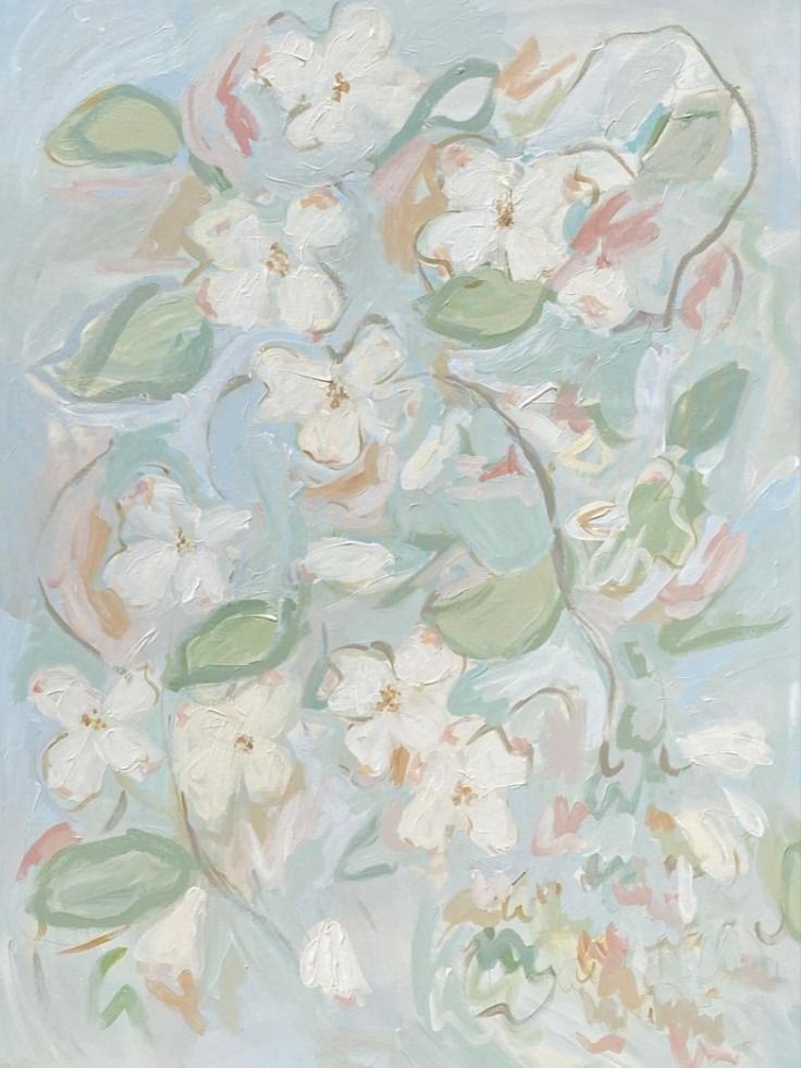 an abstract painting of white flowers and green leaves on a light blue background, with pastel colors