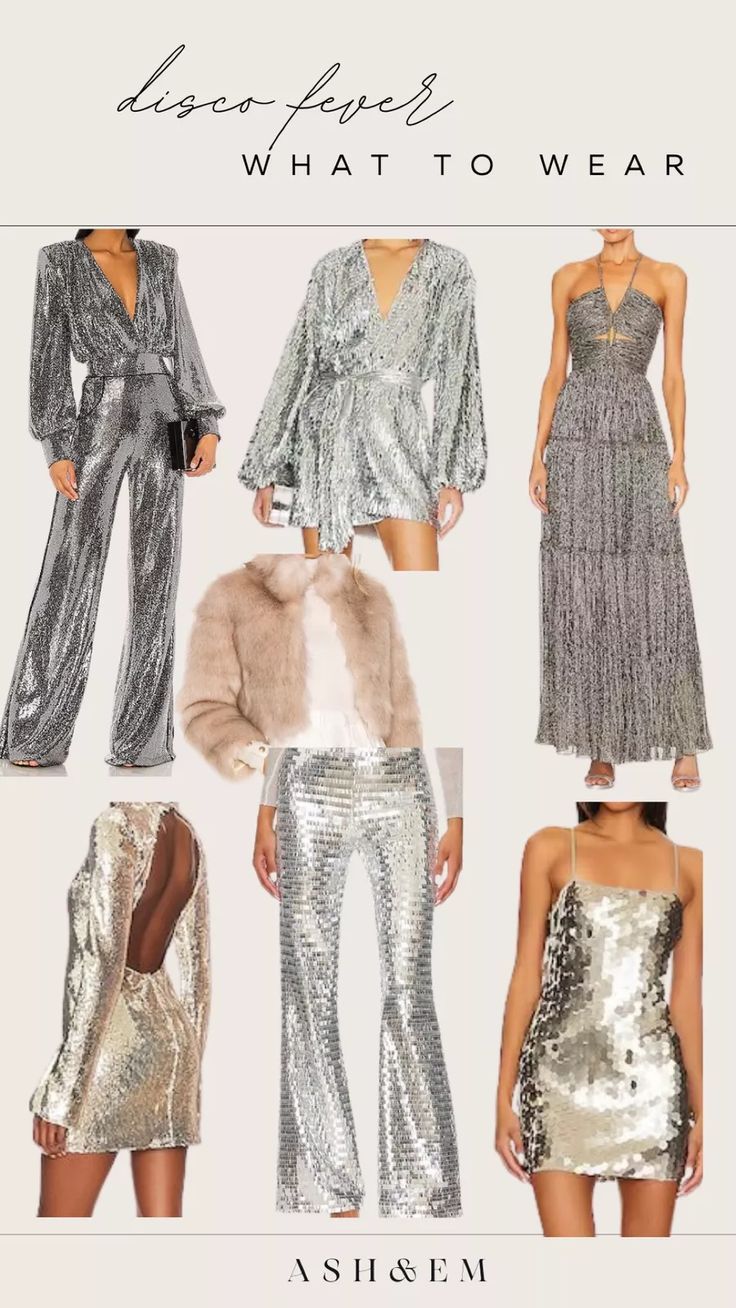 Studio 54 - what to wear. Disco party silver dress silver jumpsuit #LTKstyletip Disco Theme Party Outfit, Studio 54 Party Outfits, Disco Inspired Outfits, Disco Party Outfit Ideas, 70s Disco Party Outfit, 70s Party Outfit, Studio 54 Fashion, Studio 54 Outfits, 70s Outfits Ideas