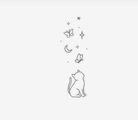 a black and white drawing of a cat sitting on the ground with butterflies flying above it