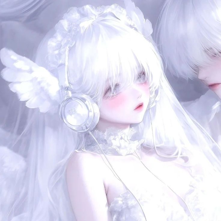 two white haired girls with angel wings and headphones