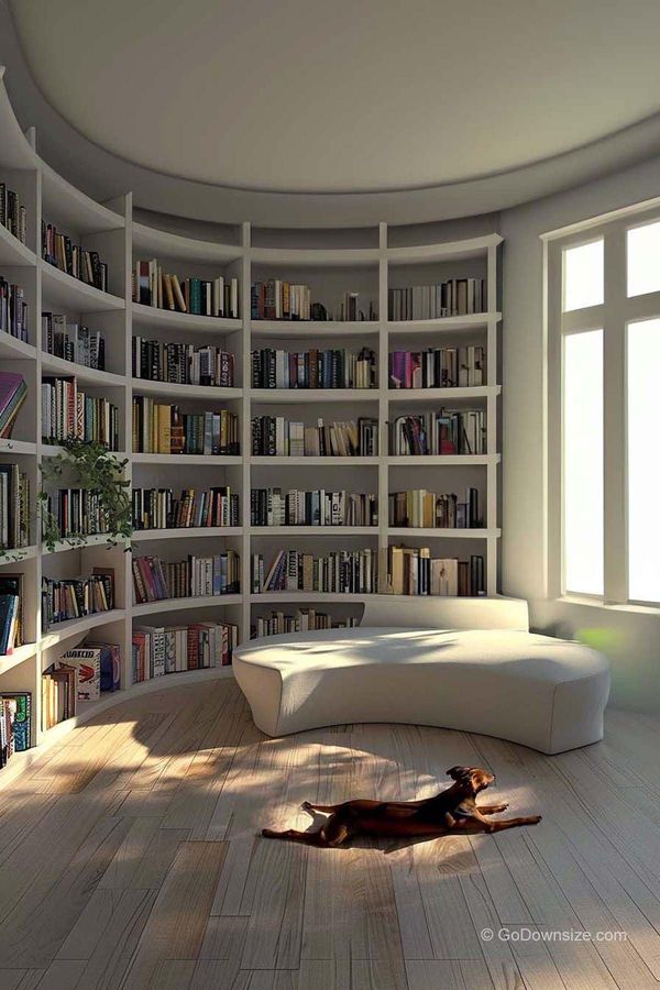 a circular room with bookshelves and a dog laying on the floor in front of it