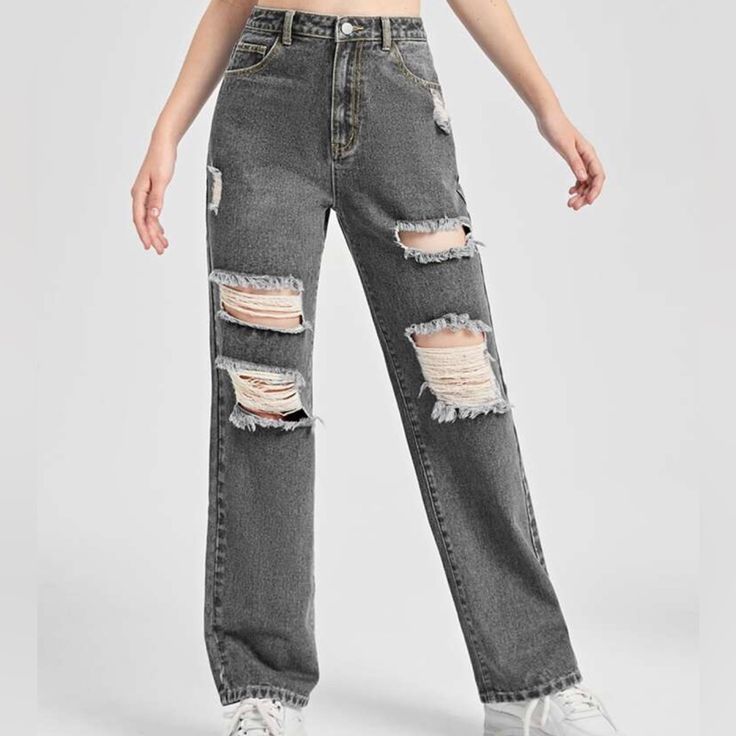 Shein Teen Girls High Waist Ripped Straight Leg Jeans Size 14y You Will Receive A Free Gift With Every Purchase New Without Tags Never Worn Happy Shopping :) Ripped Straight Jeans Outfit, Shein Bottoms, Straight Jeans Outfit, Ripped Straight Leg Jeans, Clothing Board, Trendy Jeans, School Clothes, High Waisted Flares