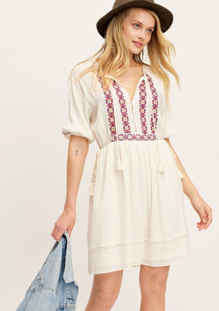 Boho Embroidered Mini Dress | LOVESTITCH Mini Bohemian Boho Dress For Brunch, Mini Length Bohemian Dress For Brunch, Bohemian Half Sleeve Dresses For Vacation, Bohemian Mini Boho Dress For Brunch, Bohemian Mini Length Boho Dress For Brunch, Bohemian White Half Sleeve Dress, Embroidered Short Sleeve Mini Dress For Brunch, Casual Embroidered Boho Dress For Vacation, Spring Mini Dress With Tassels