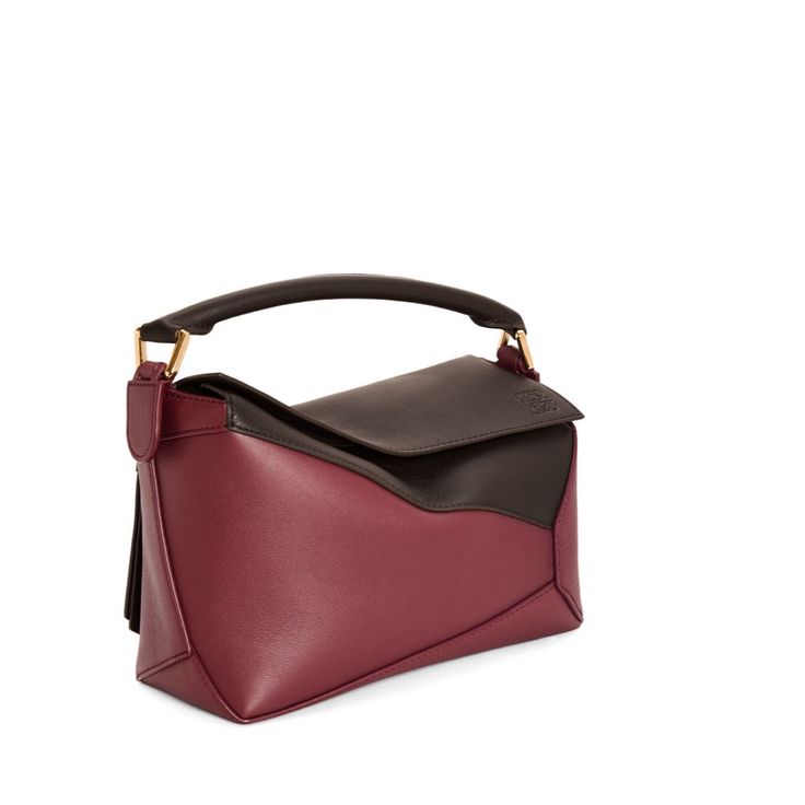 Small Puzzle Bag In Classic Calfskin Designer Burgundy Bag With Detachable Strap, Designer Burgundy Top Handle Shoulder Bag, Designer Burgundy Bag With Top Carry Handle, Designer Burgundy Bags With Top Carry Handle, Designer Burgundy Satchel Bag, Designer Top Handle Bag In Soft Leather, Designer Burgundy Shoulder Bag With Double Handle, Luxury Burgundy Bag With Detachable Strap, Designer Burgundy Leather Bags