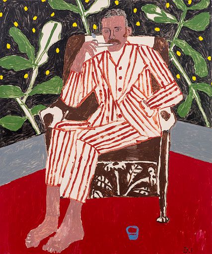 a painting of a man sitting in a chair next to a potted plant