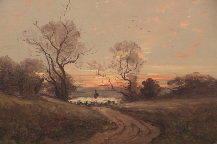 a painting of a man walking down a dirt road next to a body of water