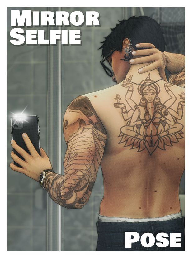 an image of a man with tattoos on his back holding a cell phone in front of him