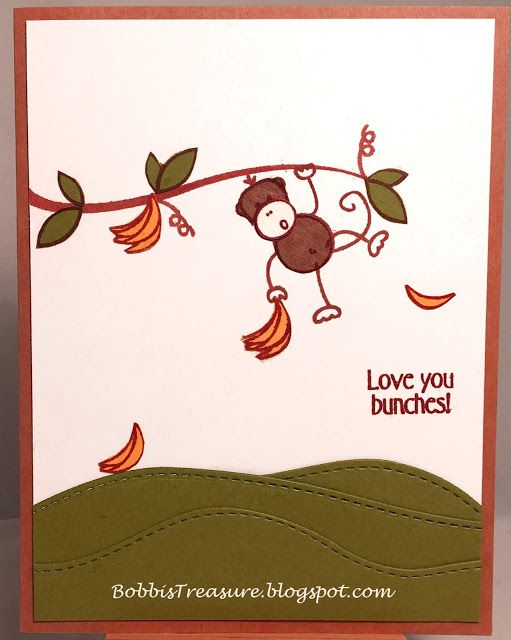 a card with a monkey hanging from a branch and the words love you bunches on it