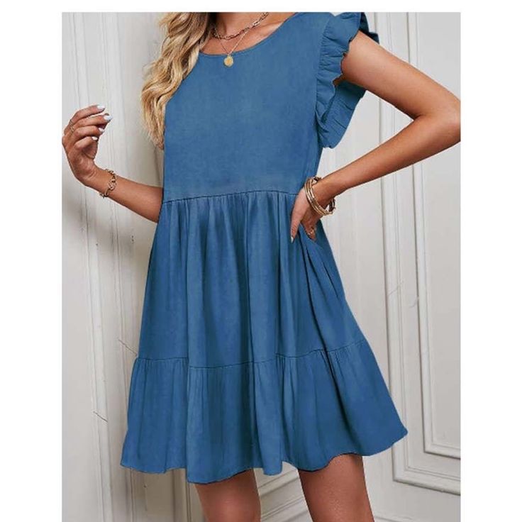 95% Polyester 5%Spandex Blue Tiered Dress Blue Solid Color Mini Dresses, Casual Denim Blue Dress With Ruffle Hem, Casual Solid Blue Dress, Casual Blue Mini Dress With Flutter Sleeves, Blue Ruffle Sleeve Dress For Spring, Blue Ruffle Sleeve Dresses For Day Out, Blue Ruffle Sleeve Mini Dress For Beach, Blue Flowy Dress With Flutter Sleeves, Blue A-line Mini Dress With Ruffle Hem